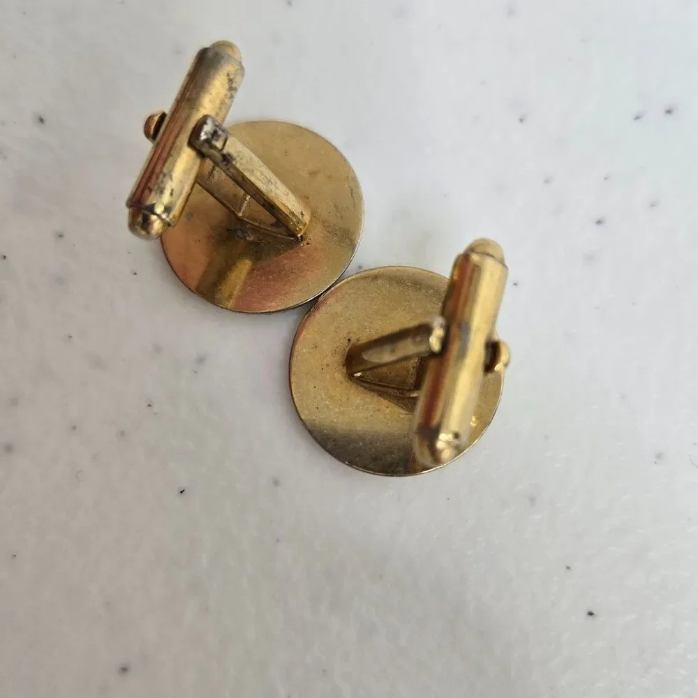 Cufflinks Gold Tone Vintage MCM Geometric Circle Stripe Art Deco Style